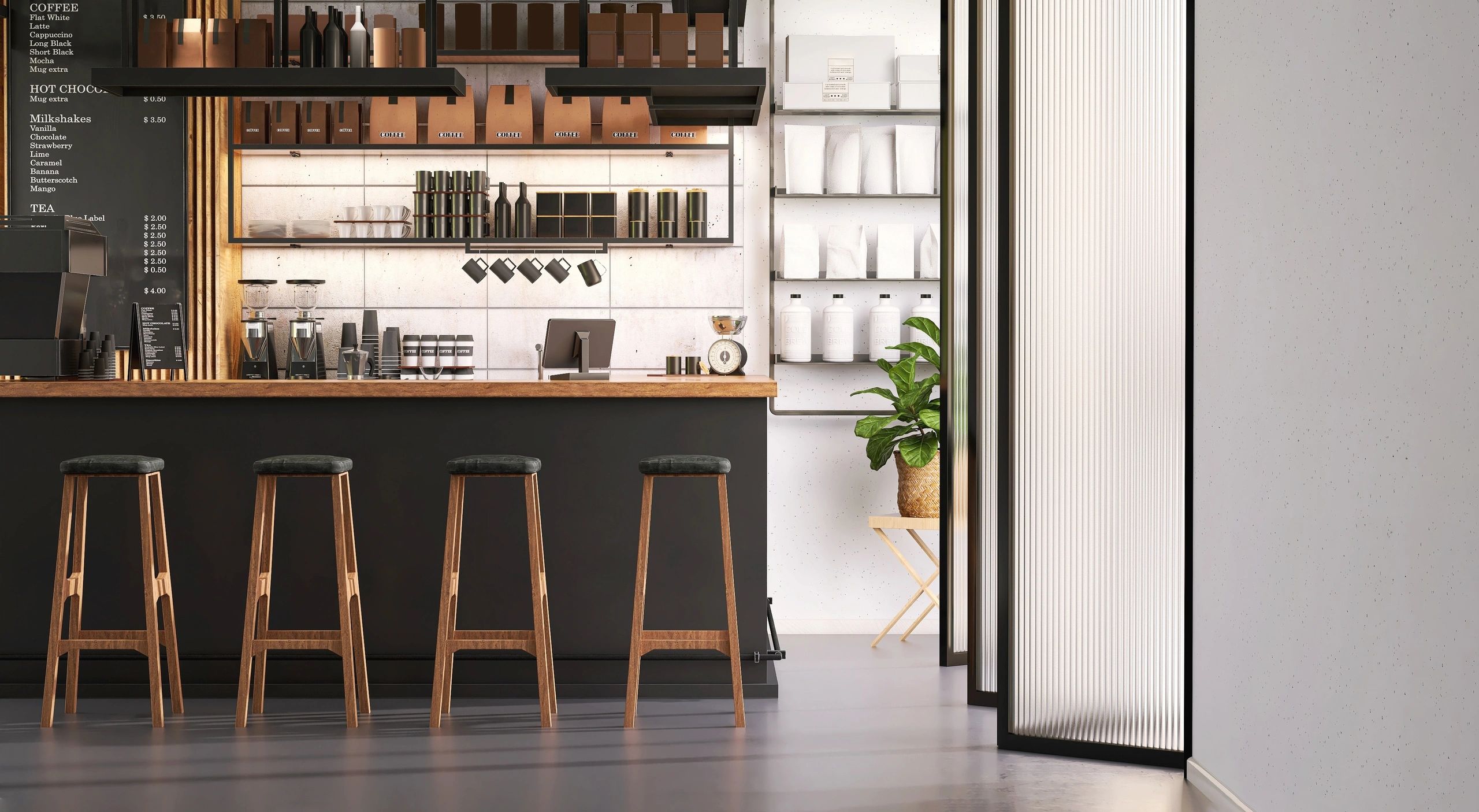 Warm cafe counter area with sunlight and register