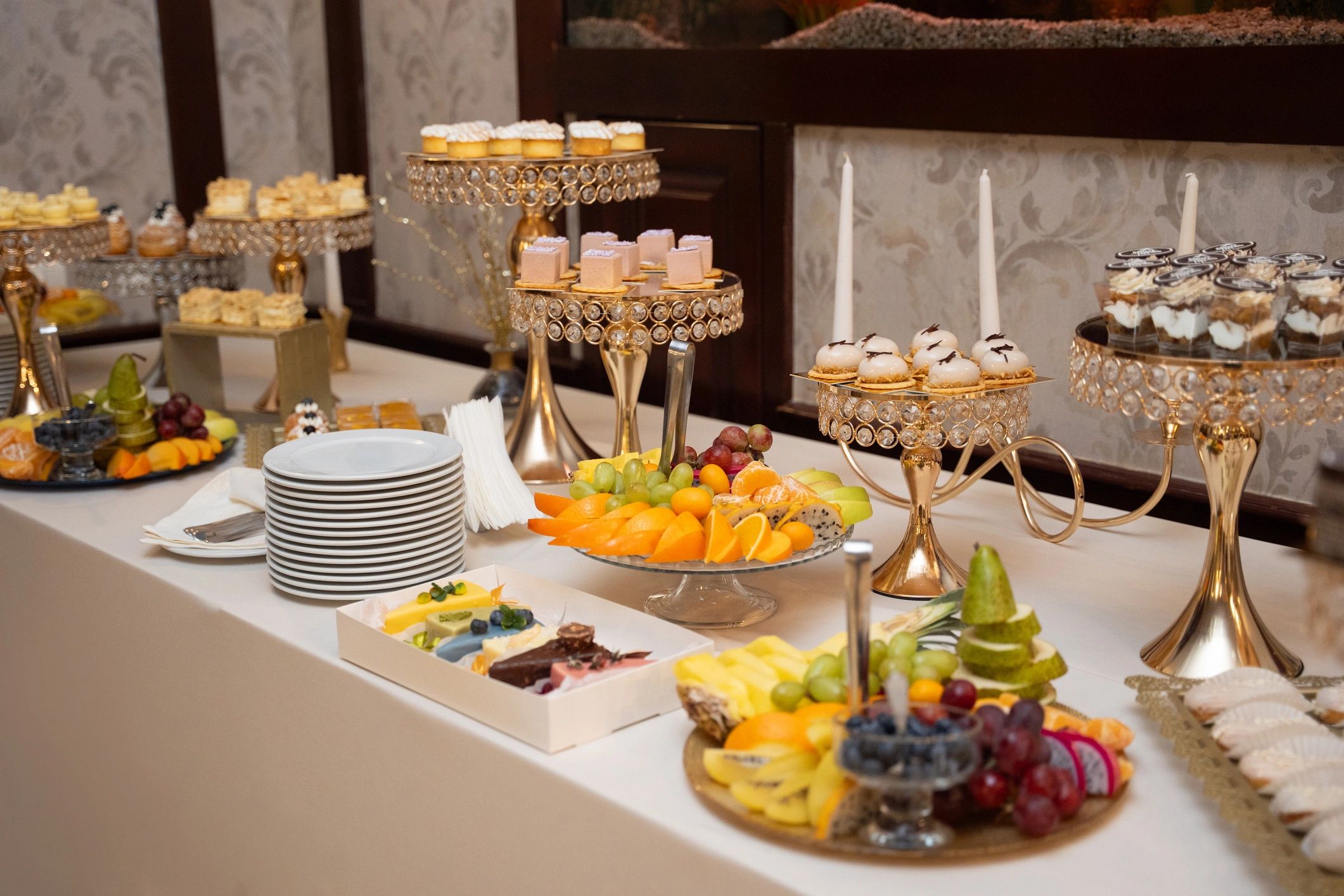 Assorted desserts arranged on a display table